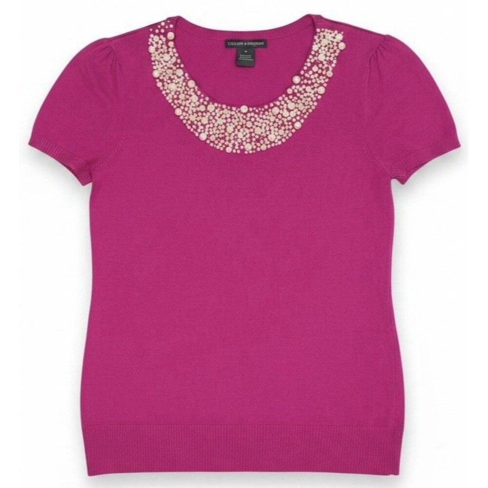 Chelsea & Theodore Woven Pearls Blouse Pink Fuchsia  Women M Preppy Y2K